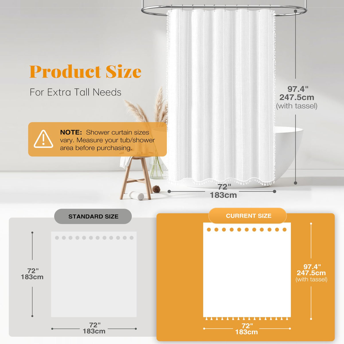 72x96 Extra Long Boho Linen Heavy Duty Cloth Shower Curtain Set, White