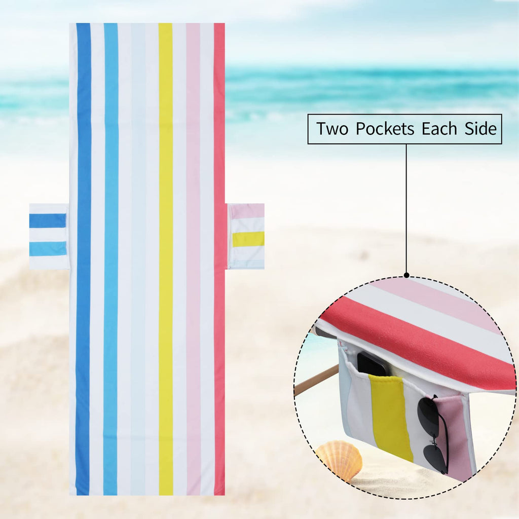 Colorful Beach Chair Cover with Side Pockets Cozy Quick Dry Stripe Chaise Lounge Chair Towel Cover for Pool Beach