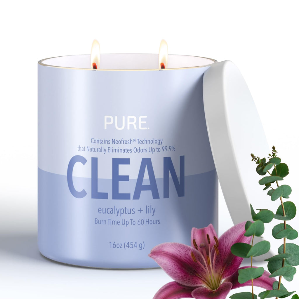 Pure Eucalyptus & Lily Odor Eliminating Scented Candles, Neofresh Technology Eliminates 99.9% of Odors, 16 oz 2-Wick