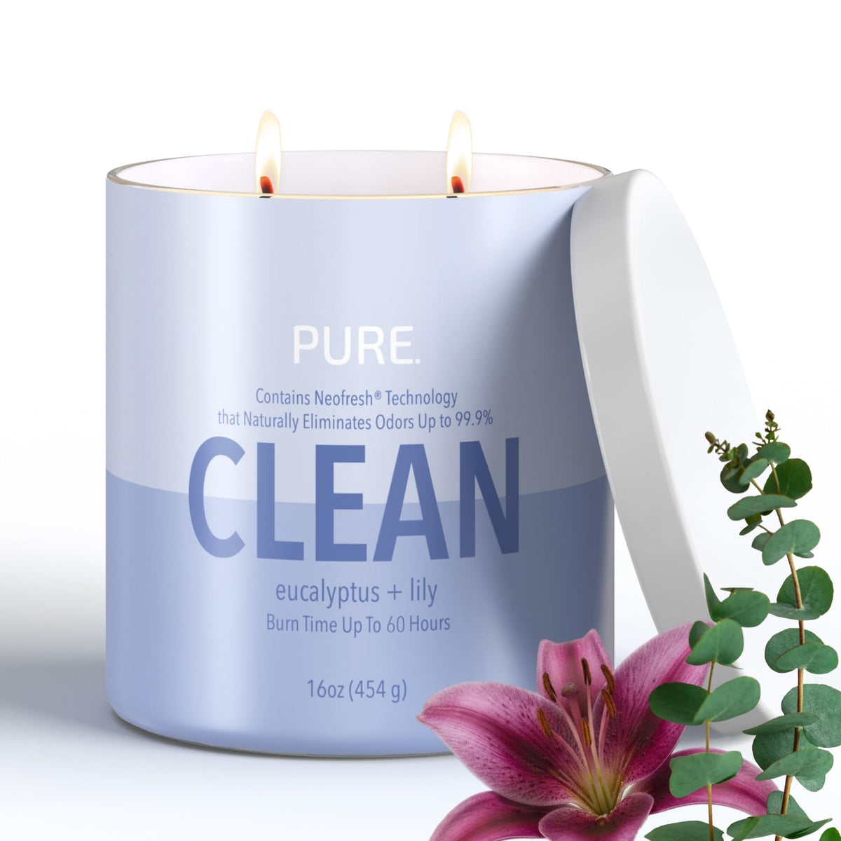 Pure Eucalyptus & Lily Odor Eliminating Scented Candles, Neofresh Technology Eliminates 99.9% of Odors, 16 oz 2-Wick
