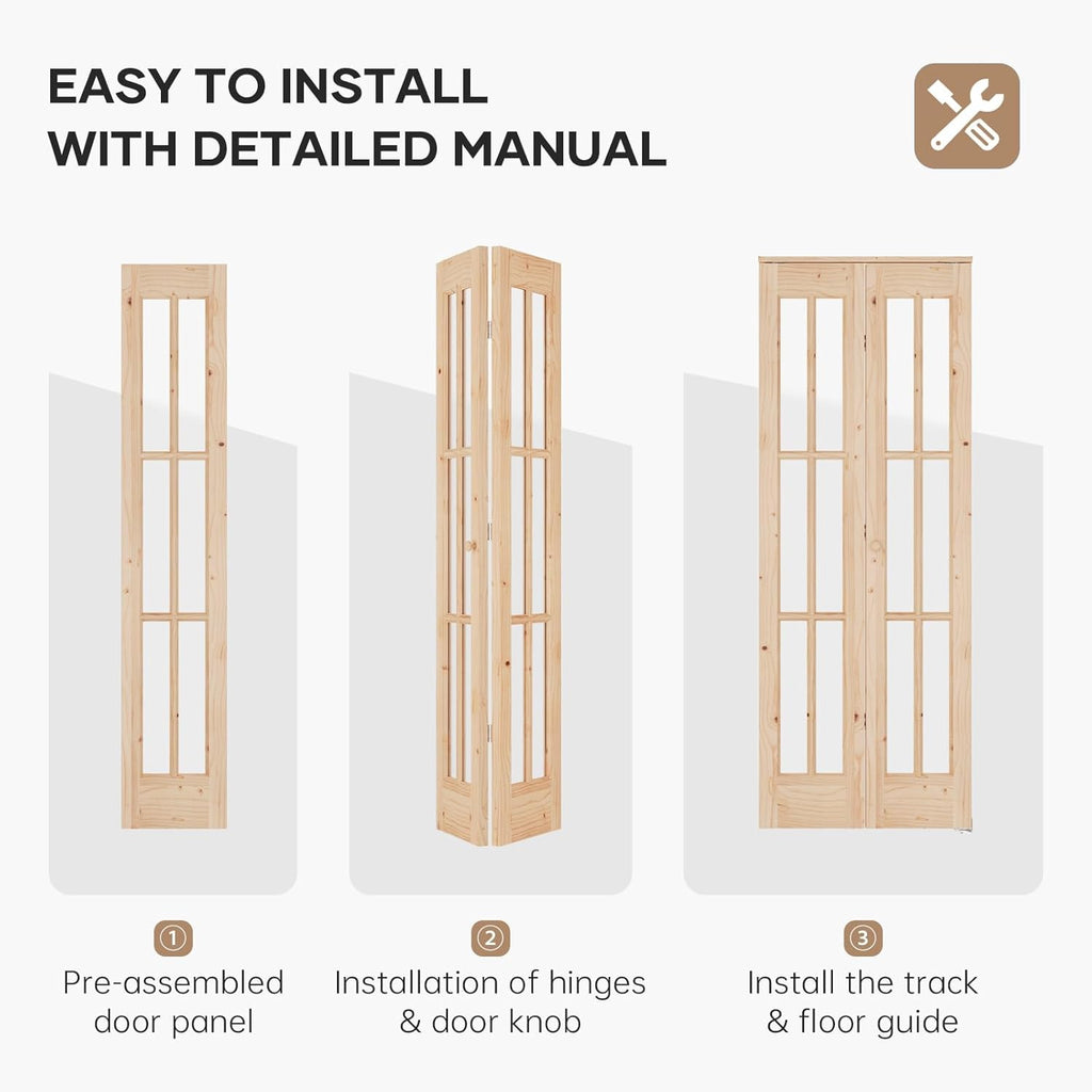 30"x 80" (Double 15" x 80") Bifold Barn Door, Tempered Frosted Glass Bifold Closet Door with 2.5FT Concealed Hardware