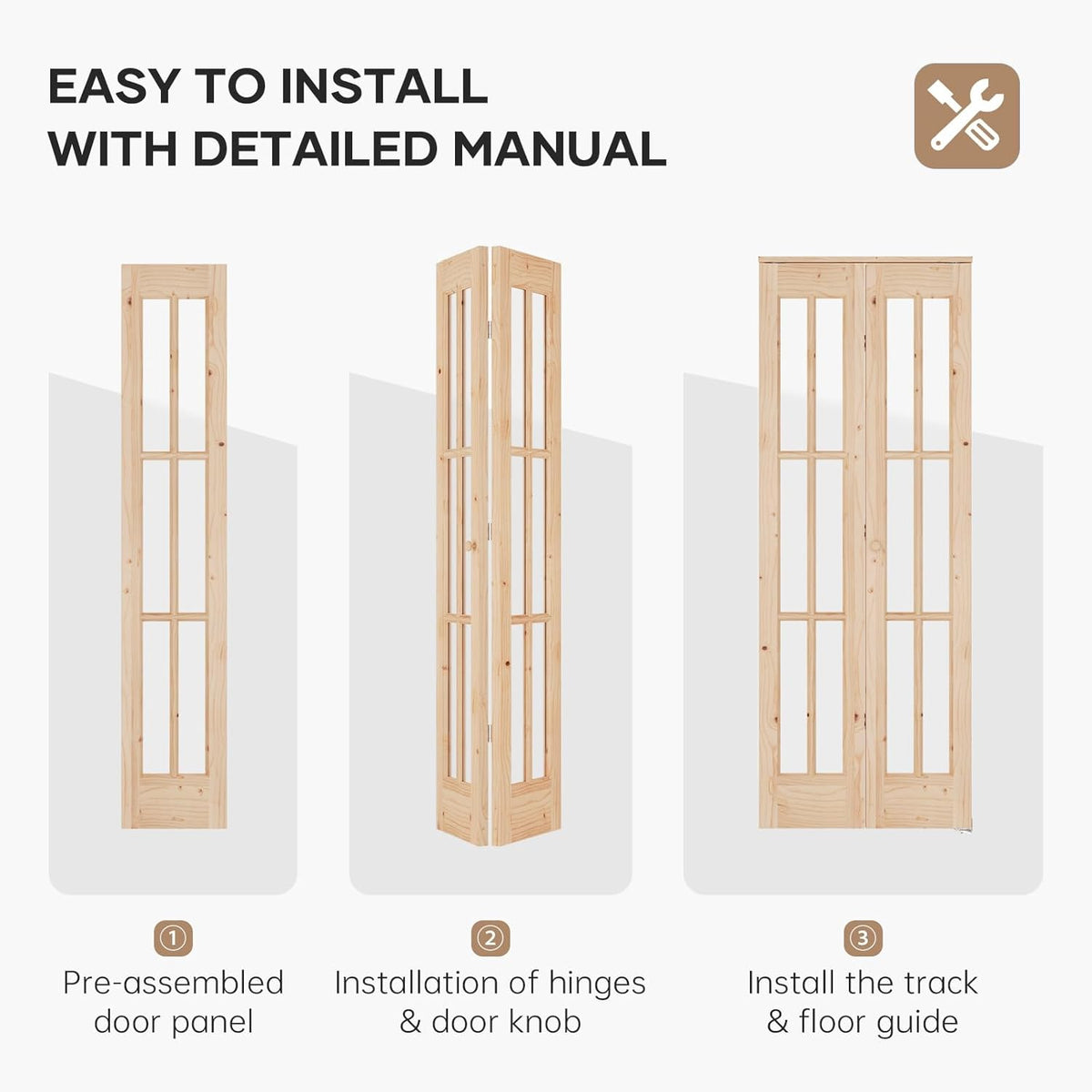 30"x 80" (Double 15" x 80") Bifold Barn Door, Tempered Frosted Glass Bifold Closet Door with 2.5FT Concealed Hardware