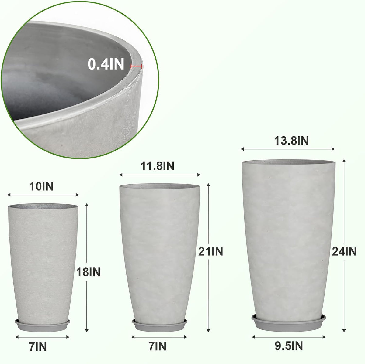 24, 21, 18 inch Tall Planters for Outdoor Plants, with Drainage Hole & Saucer, Set of 3 Tall Outdoor Planter for