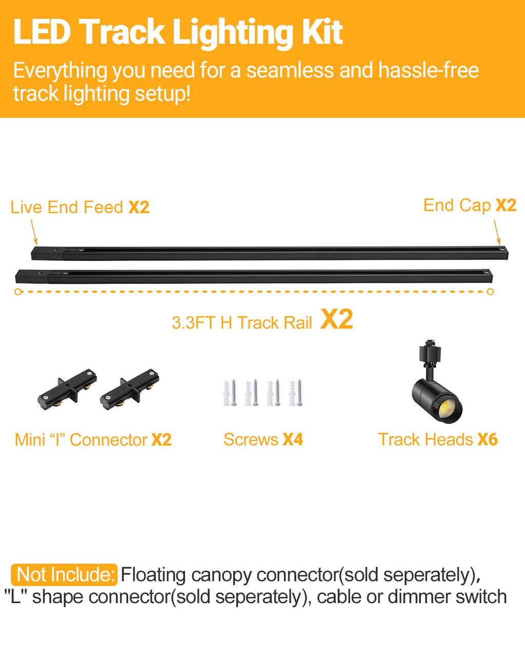 Zoomable 6 Light LED Track Lighting Kit with 6.6FT H Type Track Lighting Rail, LED Track Light Heads Dimmable