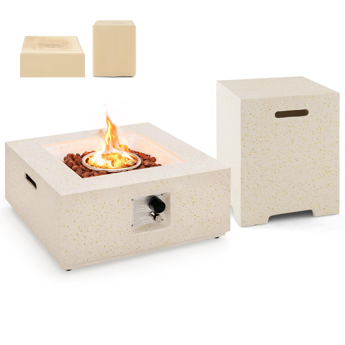 28 Inch Patio Propane Fire Pit Table with Hideaway Tank Holder, 40, 000 BTU Terrazzo Gas Fire Table with Lava Rocks