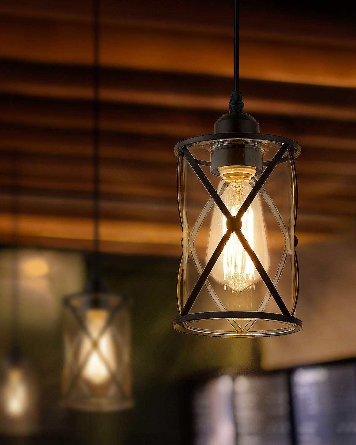 Glass Pendant Lights Kitchen Island 2 Pack, Black Mini Pendant Light with Clear Glass, Farmhouse Industrial Cage
