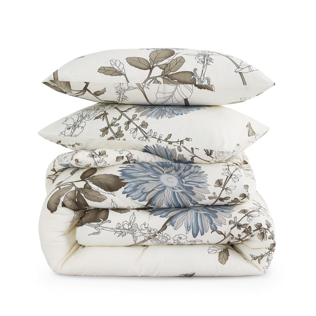 Floral Comforter Set, 100% Cotton Fabric, Vintage Flower Shabby Chic Farmhouse Botanical Cottagecore Sunflower, 3