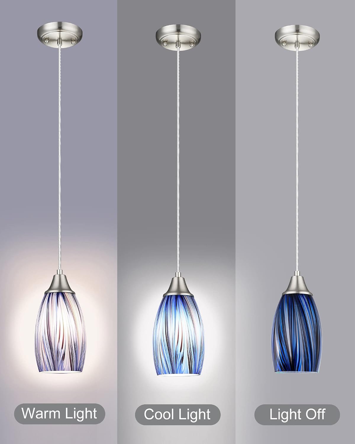 Dark Blue Glass Mini Pendant Lights for Kitchen Island 3Pack Blown Art Glass Pendant Lighting Shade Hanging Pendant