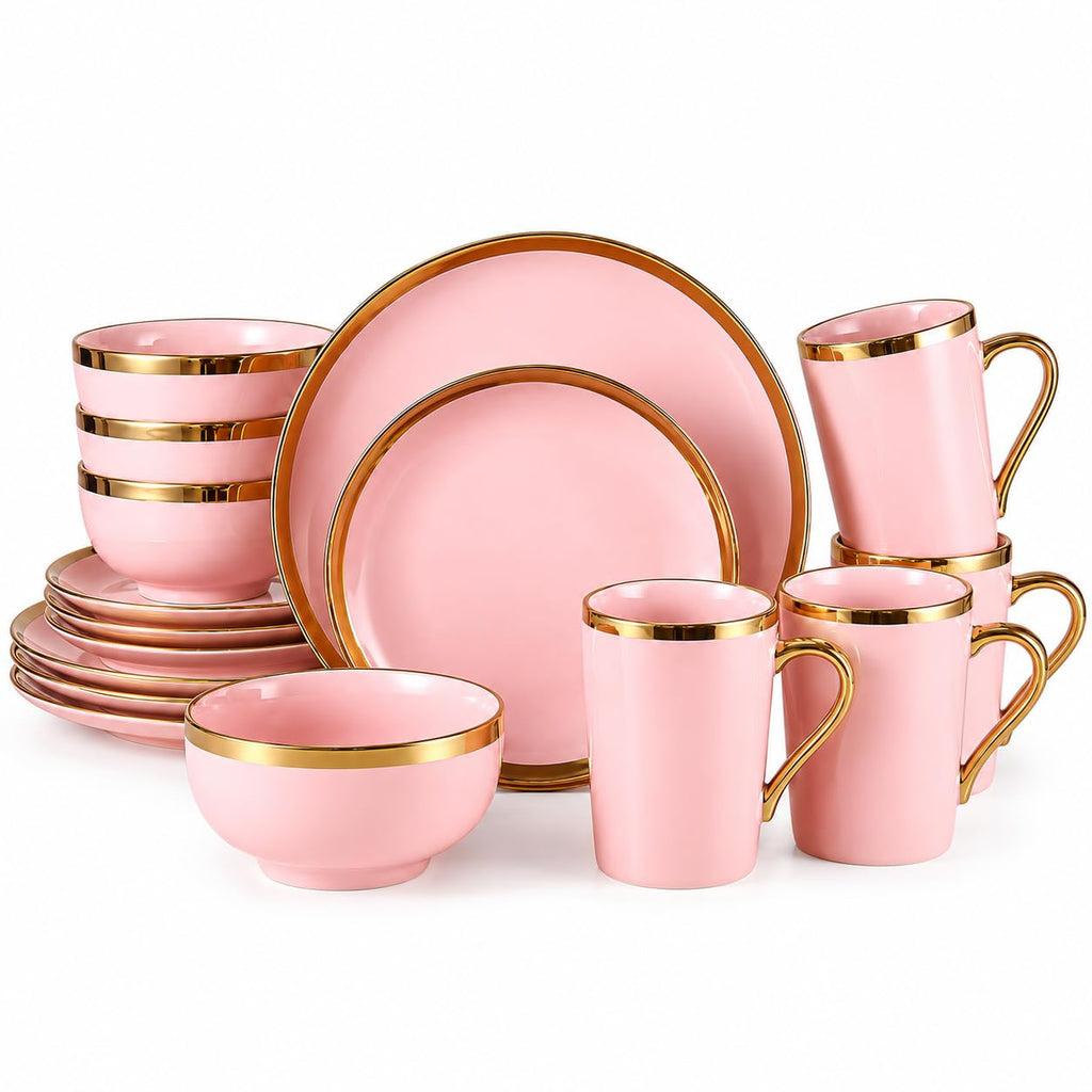 Pink and Gold Dinnerware Set for 4, 16-Piece Porcelain Gold Rim