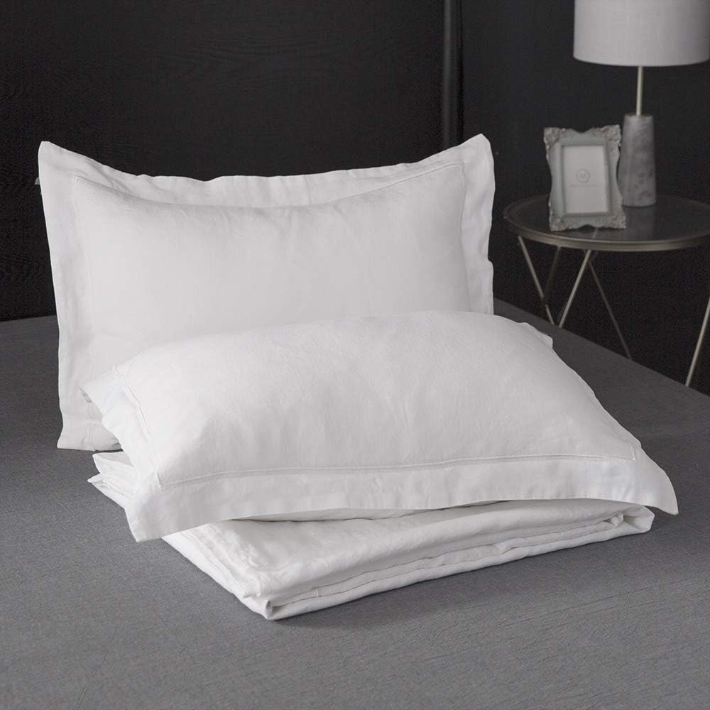 100% Linen Duvet Cover Set with Embroidery Border Washed - 3 Pieces (1 Duvet Cover with 2 Pillow Shams) with Button