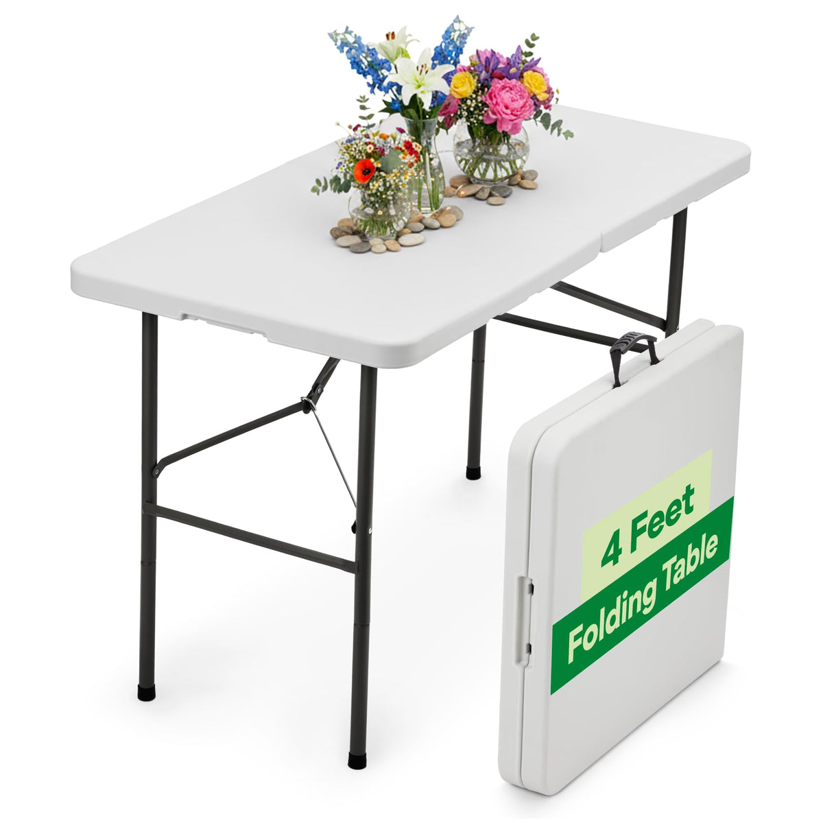 White 4ft Folding Table with Handle | Heavy-Duty Foldable Table | Portable Table for Indoor & Outdoor Use | Perfect
