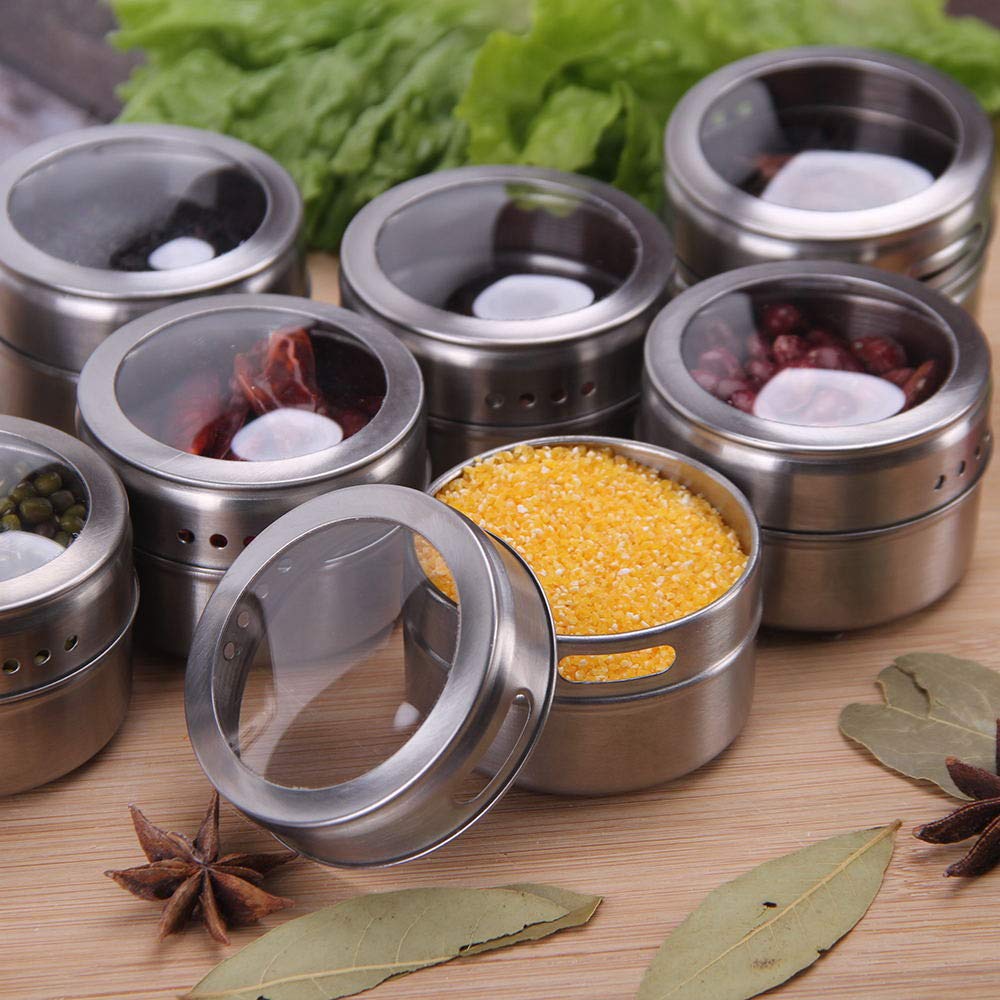 12 Powerful Magnetic Spice Tins- Stainless Steel Spice Storage Containers, Kitchen Spice Jars with Clear Lid