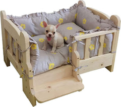 Elevated Pet Sofa Bed with Grey Cushion Set - Wooden Dog Bed for Medium & Small Dogs - Pet Cat Dog Bed - Wooden Pet