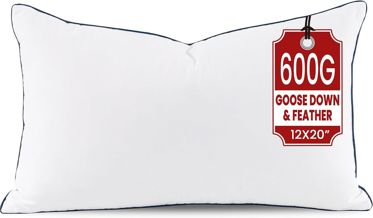 Down 12x20 Pillow Insert, 600g Goose Down & Feather Fill, Decorative Lumbar Throw Pillow Insert with Triple-Layer