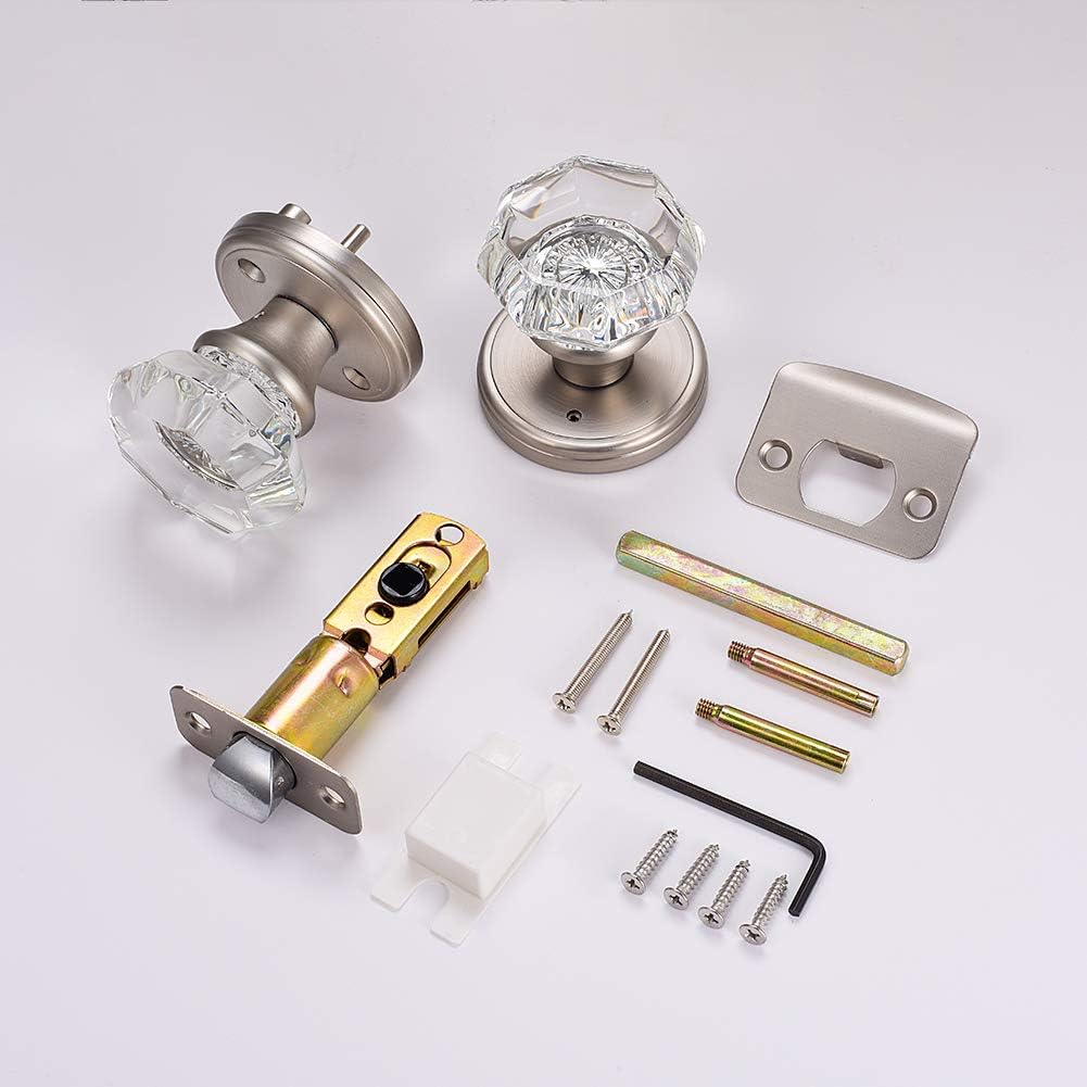 Crystal Glass Door Knobs Interior, Modern Bathroom Bedroom Door Knobs with Lock Privacy Function, Satin Nickel
