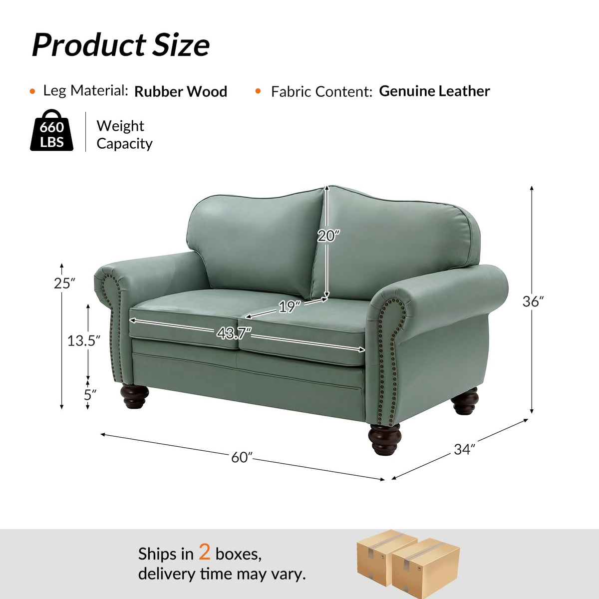 60" Wide Genuine Leather Chesterfield Loveseat, 2 Seat Leather Sofa with Rolled Arms, Nailhead Trim Furniture, Easy