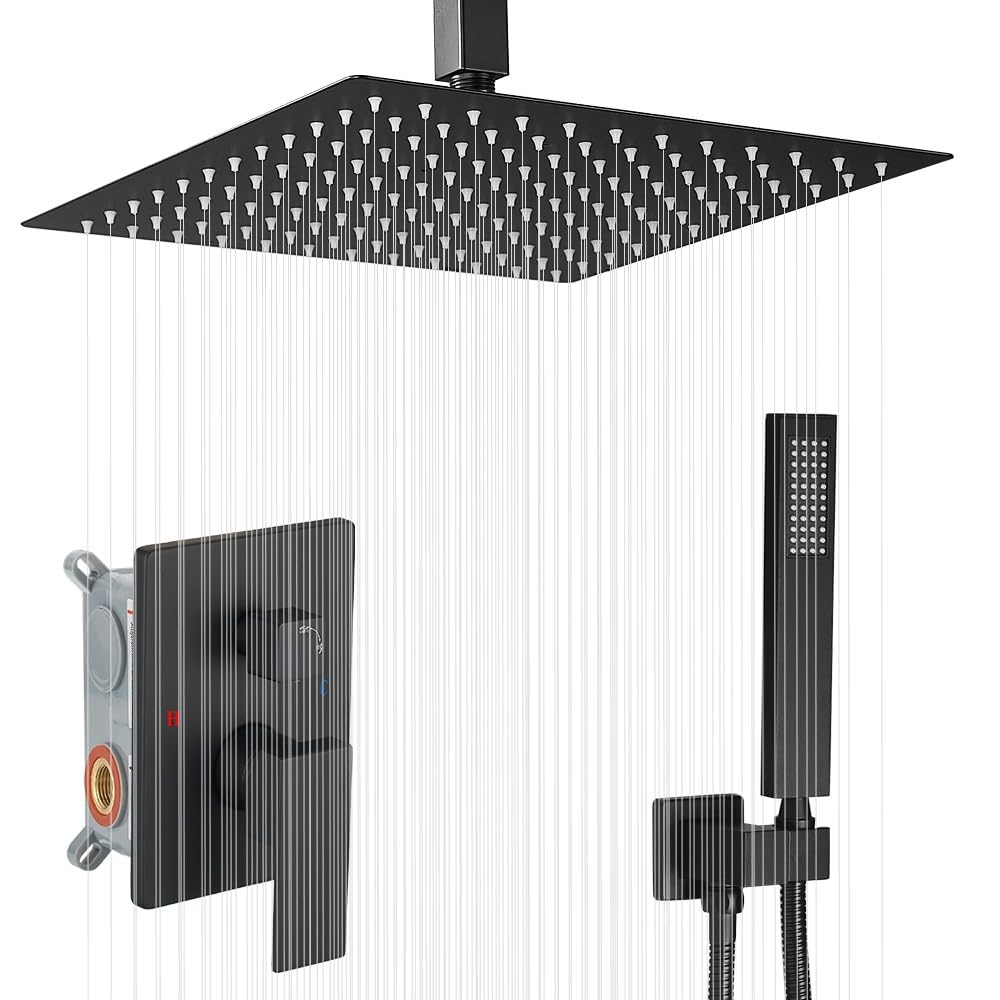 16 Inch Ceiling Mount Matte Black Shower System Bathroom Luxury Rain Mixer Shower Combo Set Ceiling Rainfall Shower