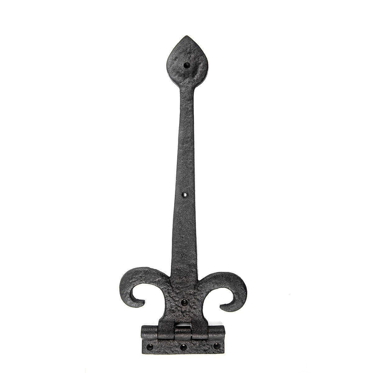 Black Wrought Iron Strap Hinge 15.5" Fleur De Lis Style Flush Mount Heavy Duty Spade Tip Strap Gate and Door Hinges