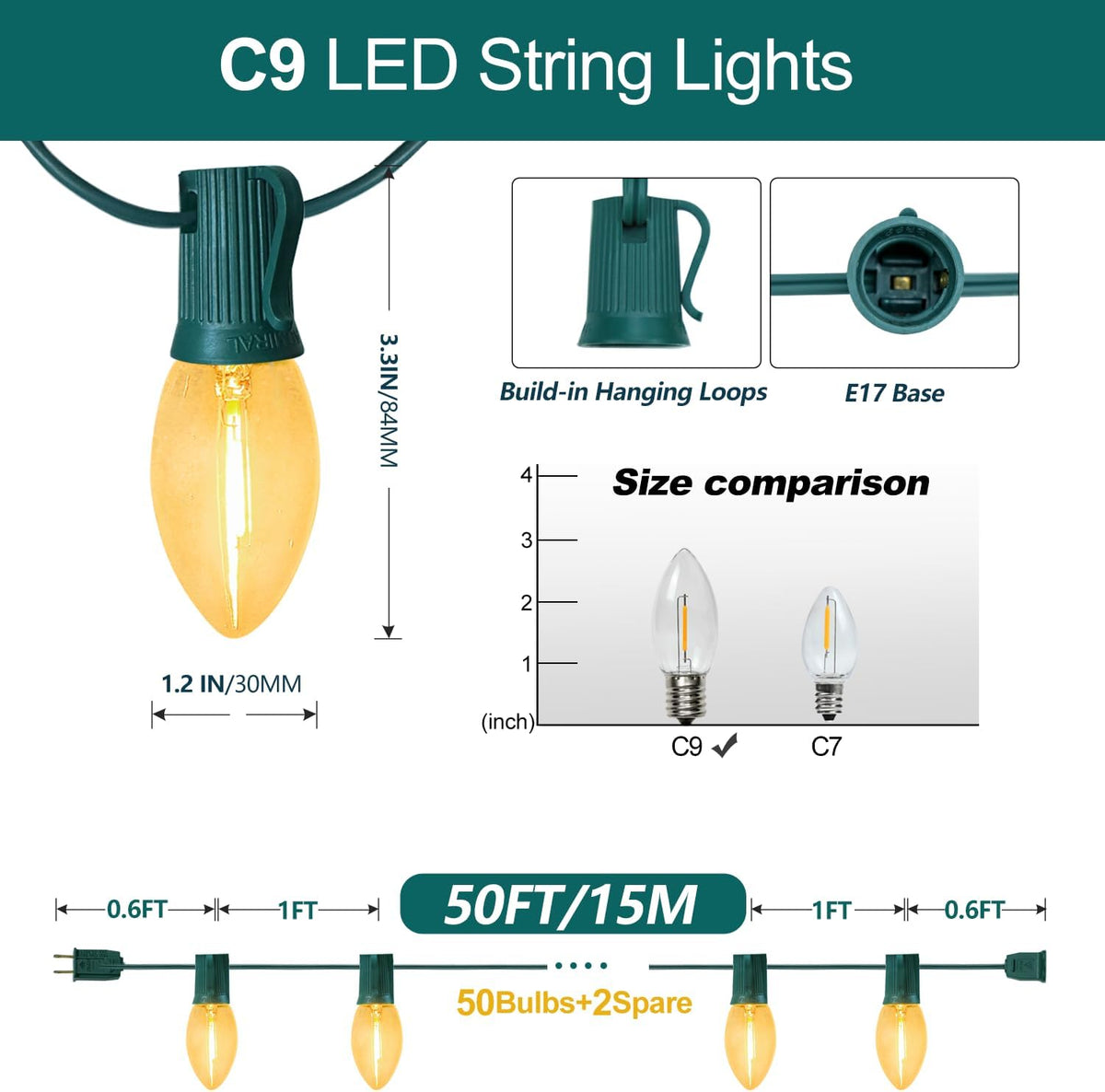 C9 Christmas Lights Outdoor, 25FT Waterproof Multicolor LED String Lights for Roofline Xmas Tree Patio Holiday Party