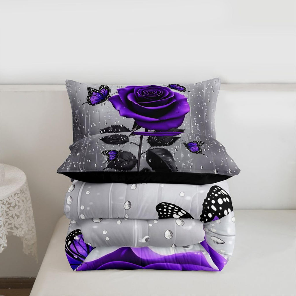 3D Rose Comforter Set - Rose Floral Print Bedding Set With Romantic Flowers, Butterfly Duvet Set, Quilt
