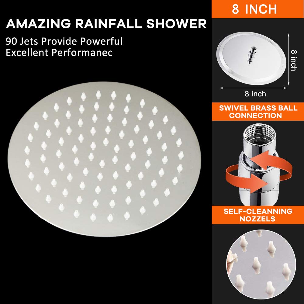 Round Rain Shower Head With Shower Arm, Large Stainless Steel Rainfall Shower-Waterfall Full Body Coverage (8 Inch