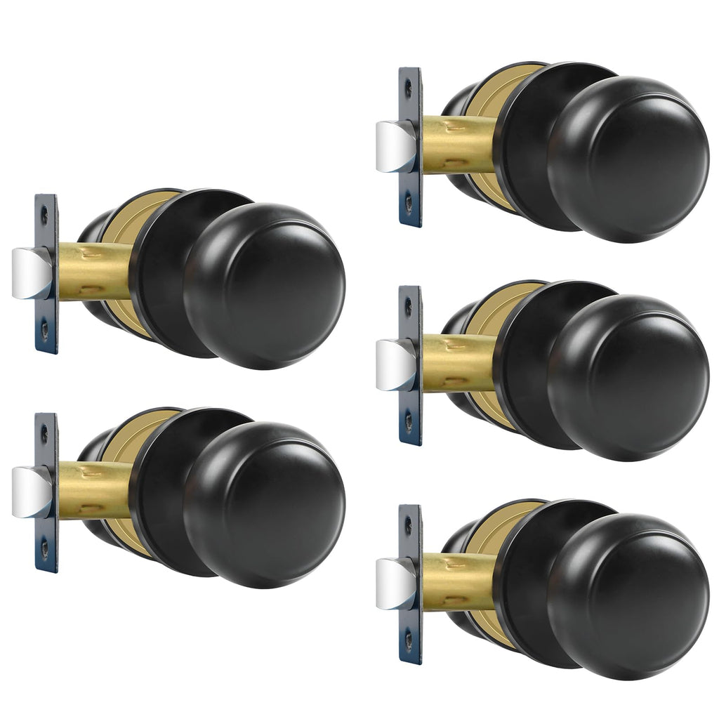 Passage Door Knobs, 5 Pack Matte Black Door Knobs, & Closet Non-Locking Interior Round Door Handles Keyless