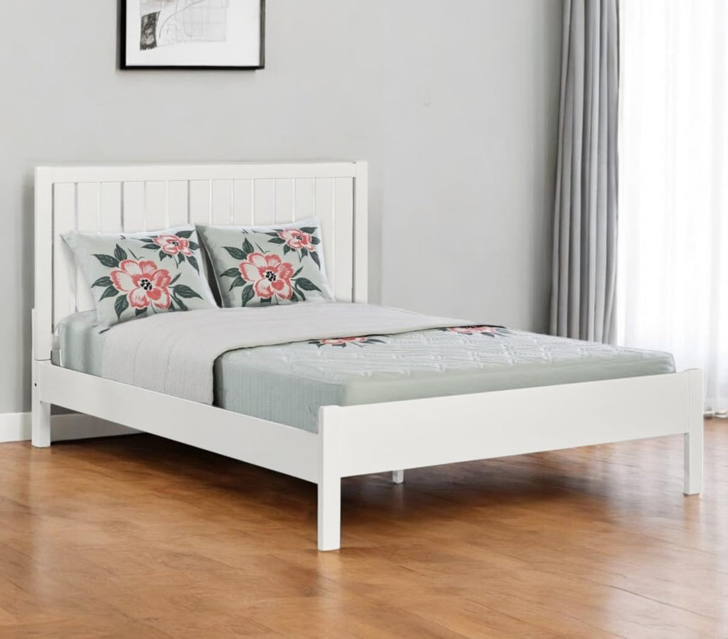 Shiplap Texture Solid Wood Queen Bed Frame, White