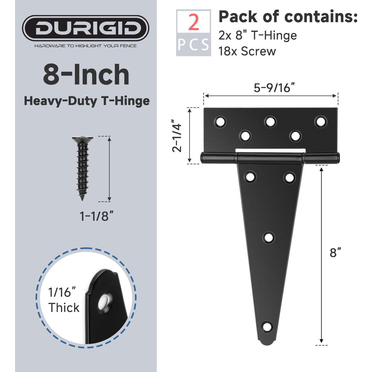 2 Pack 8 Inch T Hinge, Heavy Duty Hinges for Wood, Gate Hinge, Shed Door Hardware, Fence Hinges for Outdoor Gates