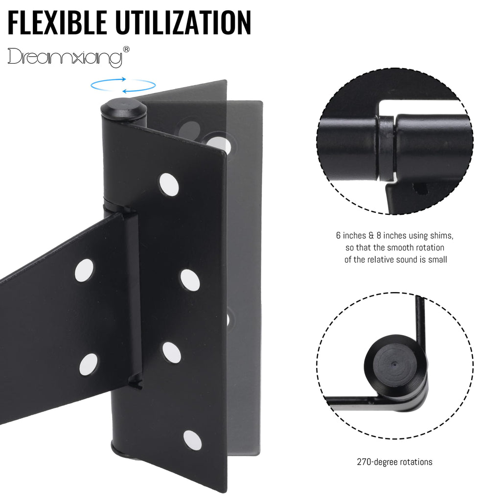 6 Inch T-Strap Gate Hinges, Heavy Duty Shed Barn Door Hinges, Black Tee Hinges for Wooden Fence, Yard Gate, Wrought
