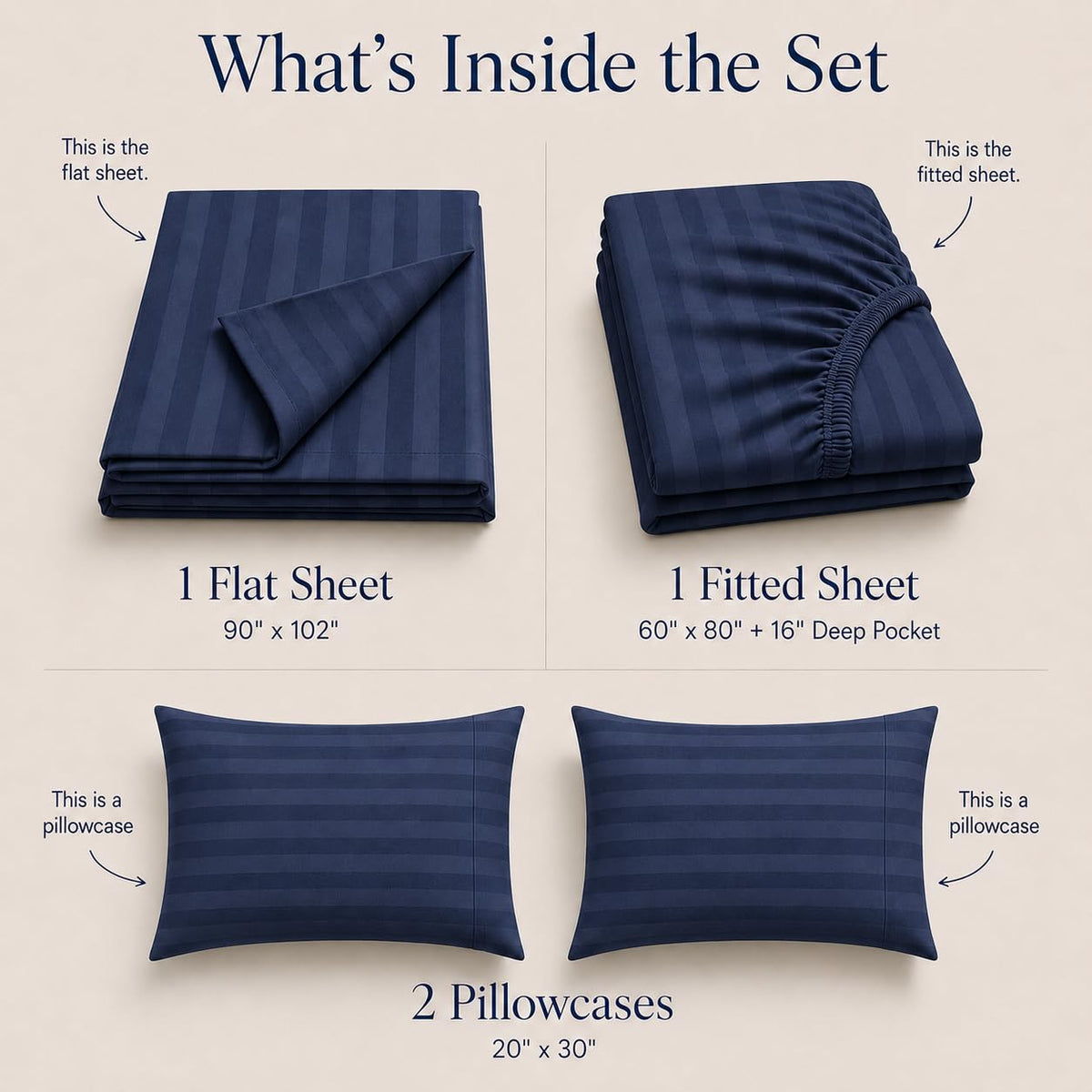 100% Egyptian Cotton, Queen Size 4 Piece Sheets, Navy Blue Damask Stripe