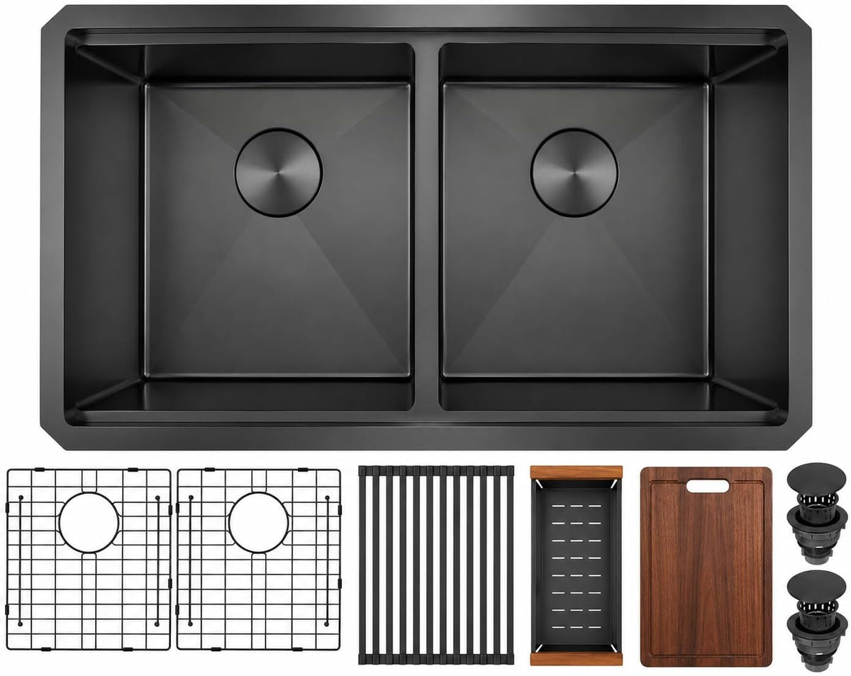 Black Undermount Kitchen Sink, 32 Inch Double Bowl Sink | Black Stainless Steel Kitchen Sink, 32" x 18" T304 16 Gauge