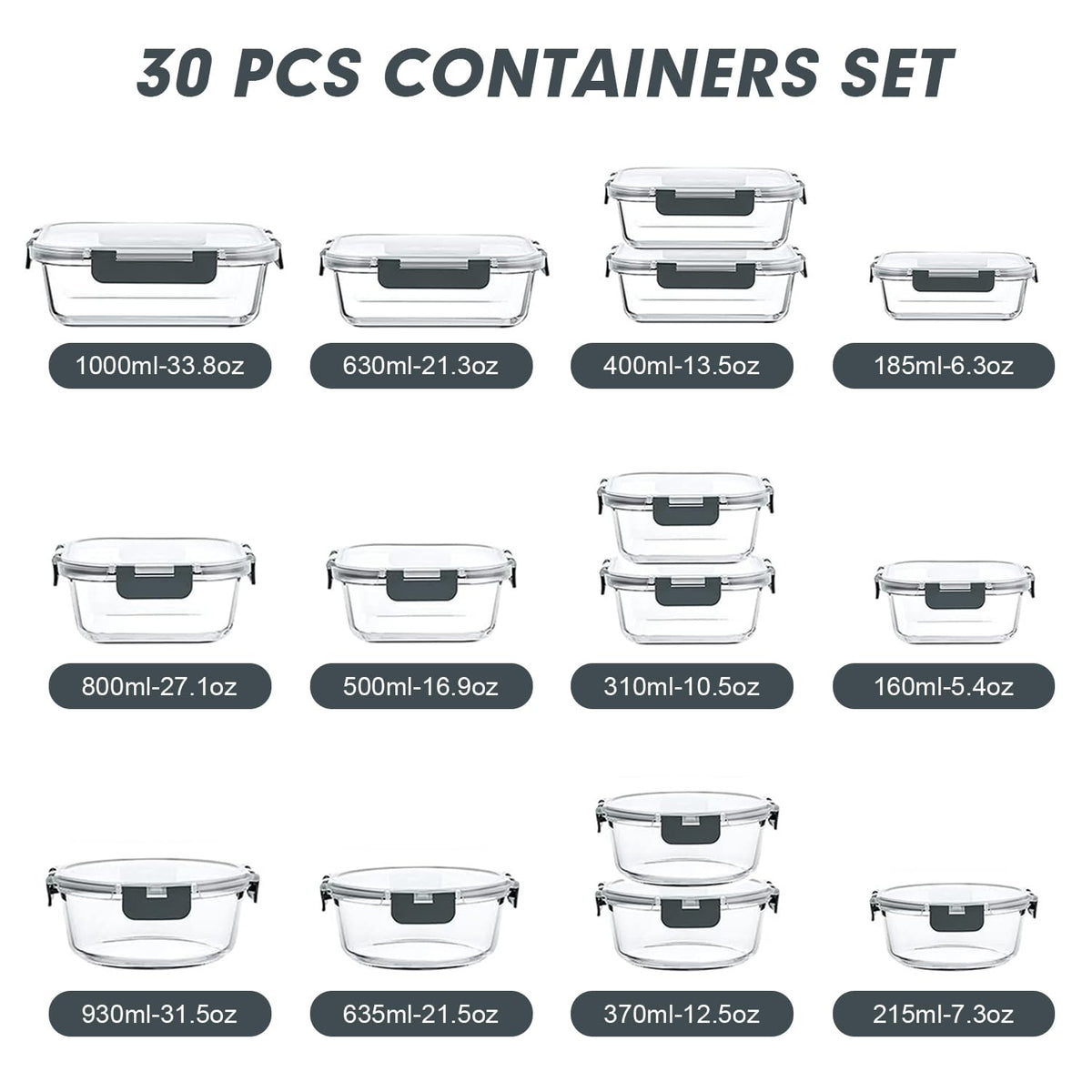 30 Pieces Glass Food Storage Containers Set with Lids, Grey