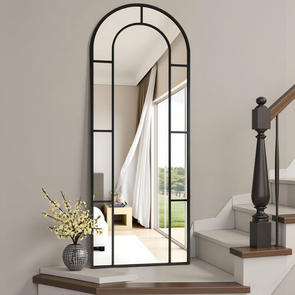 Arched Mirror Full Length, 56"x22" Windowpane Floor Mirror, Black
