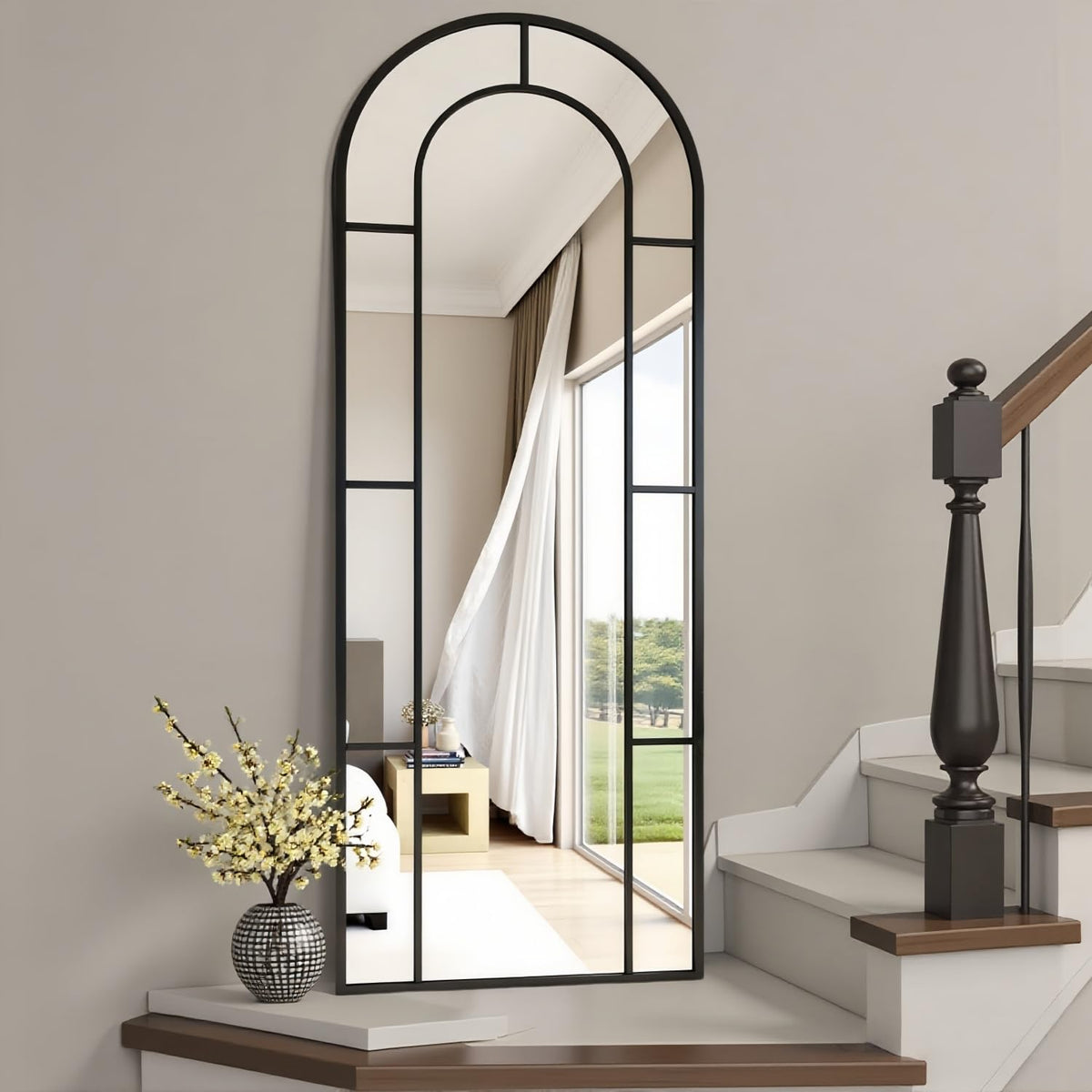 Arched Mirror Full Length, 56"x22" Windowpane Floor Mirror, Black