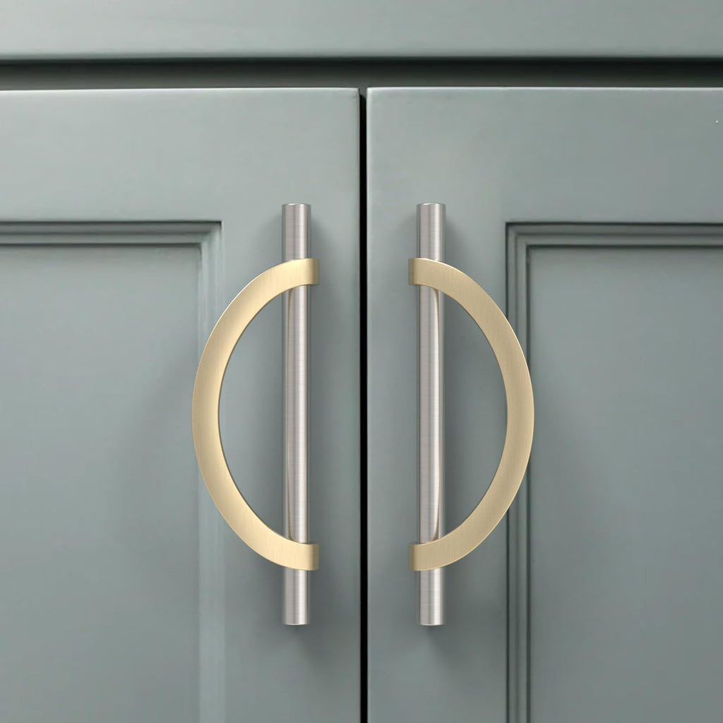 6 Pack Brushed Satin Nickel and Gold Cabinet Pulls 5 Inch(128MM) Hole Centers Kitchen Cabinet Handles Cabinet