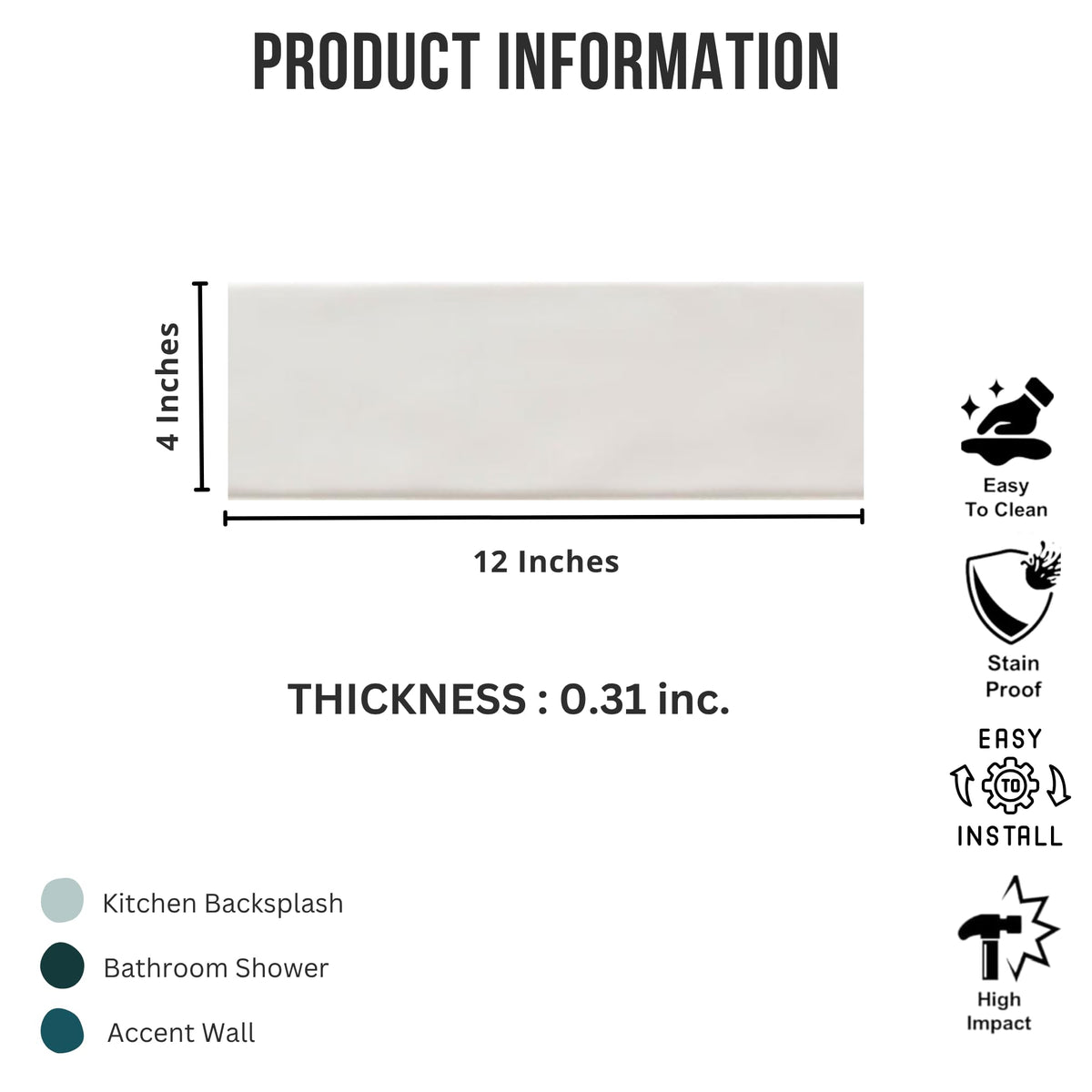 White Glossy Ceramic 4x12 Subway Wall Tile, 1 Piece