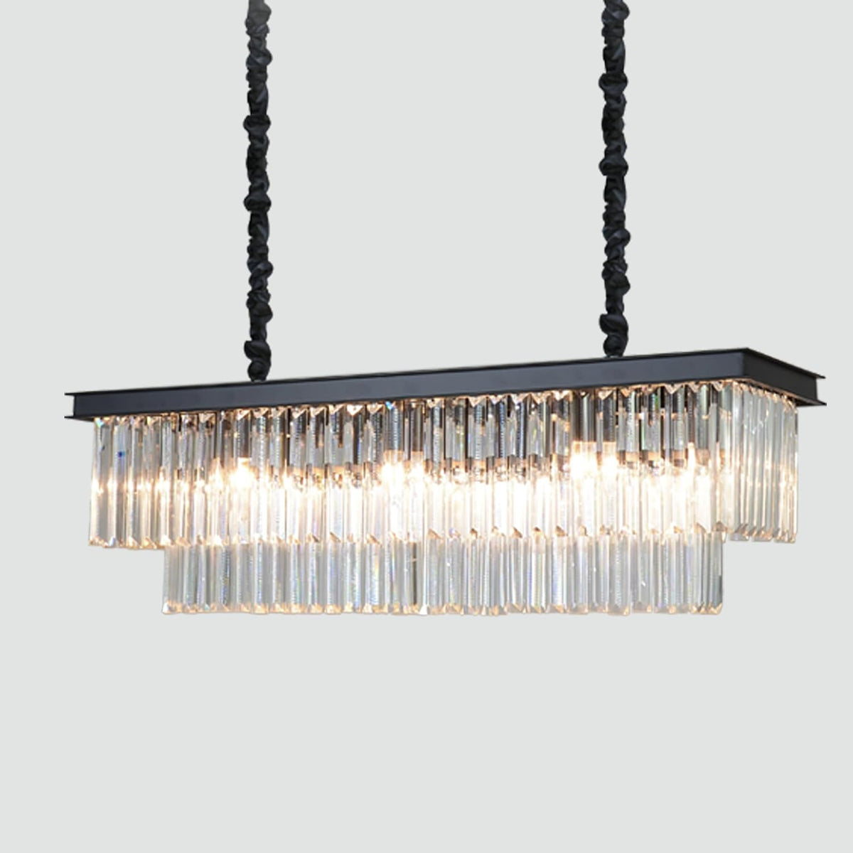14-Light Black Rectangular Crystal Chandelier, Long Linear Fixture for Dining