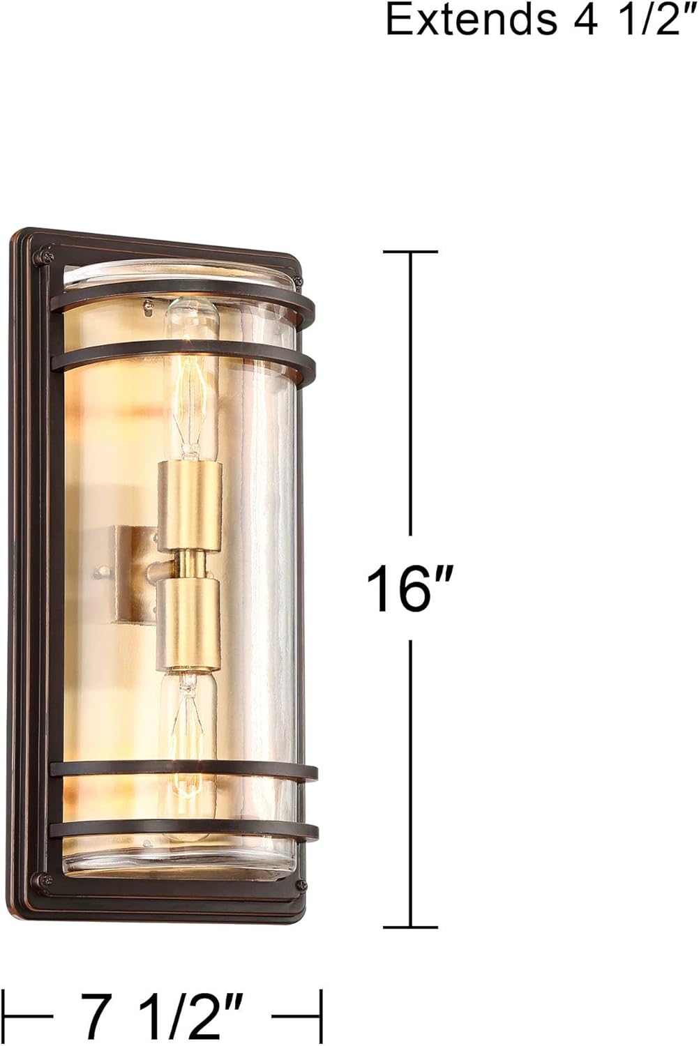 Modern Industrial Outdoor Wall Light Fixtures Set of 2 Bronze Warm Brass 16" Clear Glass Shade for Post Exterior Barn Deck House Porch Yard Patio Garage Garden Outside