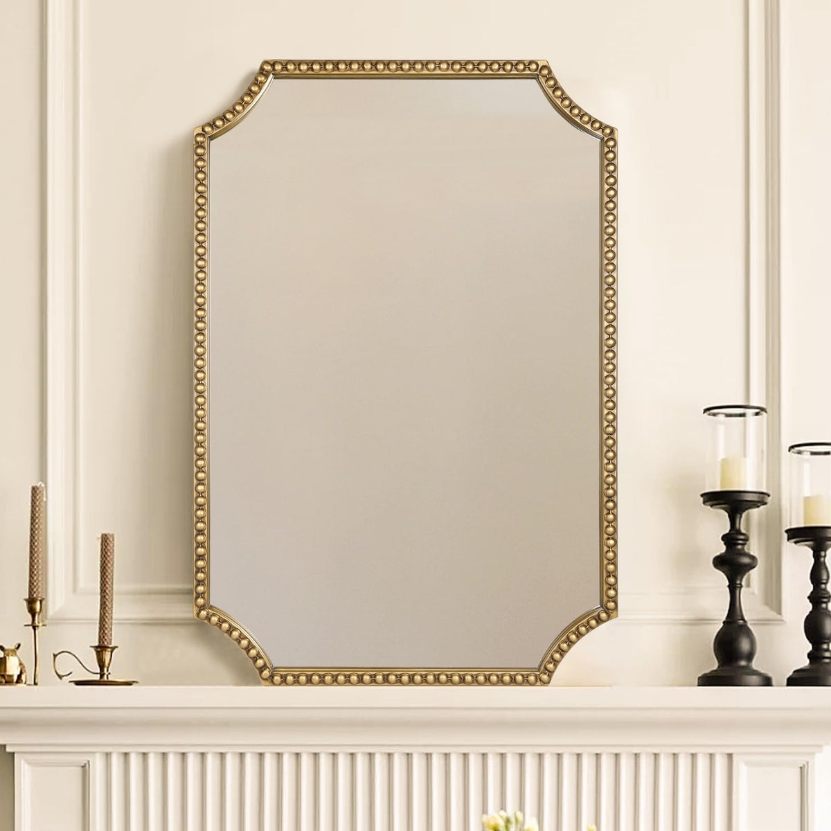30"x40" Mirror for Wall, Full Scalloped Corners Rectangle Decorative Mirror, Metal Beaded Frame Accent Wall Decor