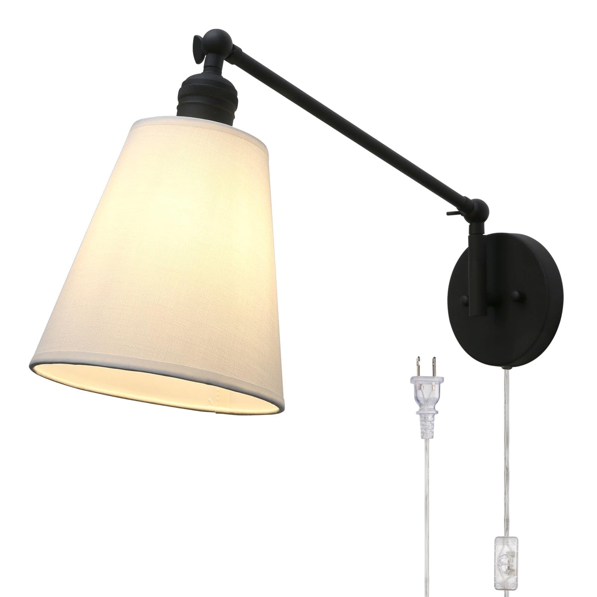 Retro Swing Arm Wall Sconce Plug in Wall Lamp Black Single Sconce with White Fabric Shade Wall Light Fixture Living