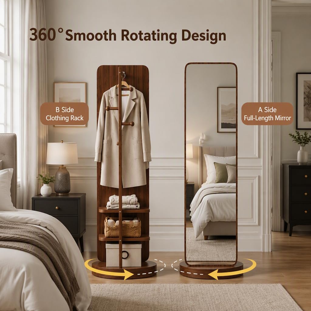 360 Rotating Floor Mirror with Rack, Walnut 2-Pieces