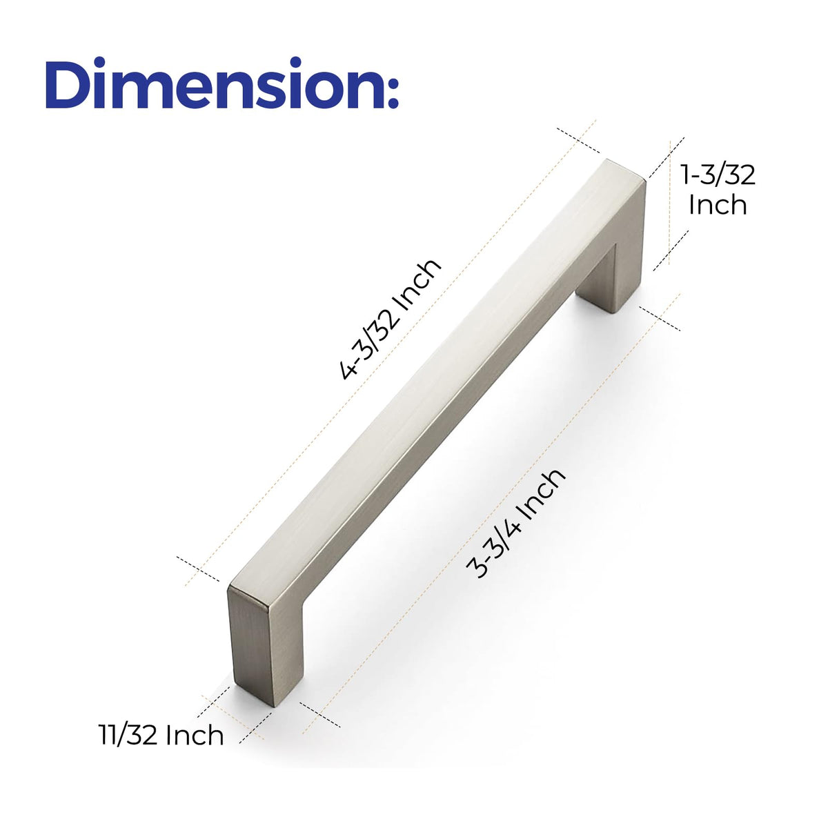 Brushed Nickel Square Solid Cabinet Handles, 3-3/4 Inch, 20 Pack