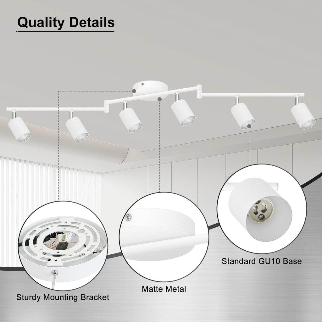 6 Light Track Lighting Fixtures Ceiling, Matte White Kichen Track Lighting Fixtures with Rotatable Light Heads