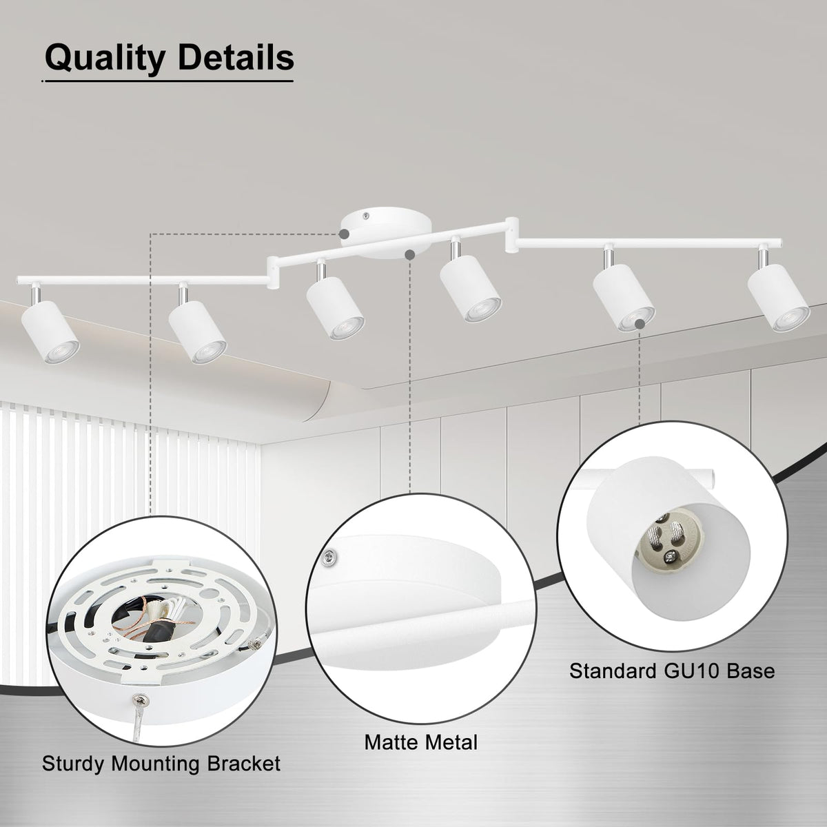 6 Light Track Lighting Fixtures Ceiling, Matte White Kichen Track Lighting Fixtures with Rotatable Light Heads