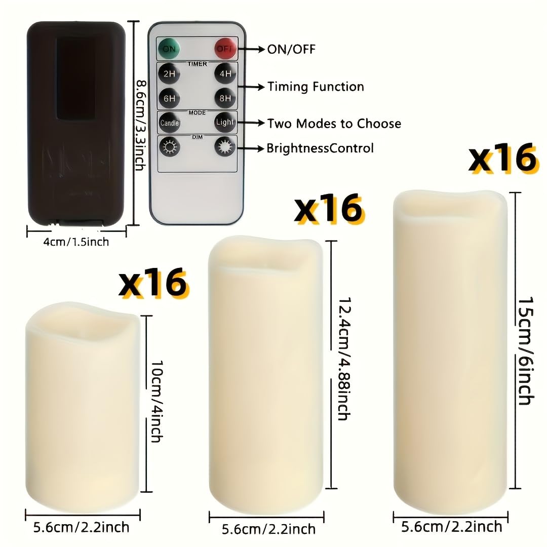 48 Pack Flameless Candles with Remote & 24H Timer - Waterproof Battery Operated Decorative Candles, 3 Sizes(4" 5" 6"
