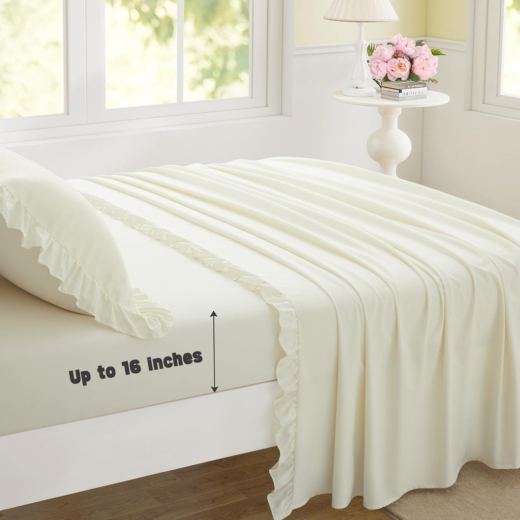 4 Pieces Ruffle Sheet Set, Beige Bed Sheets