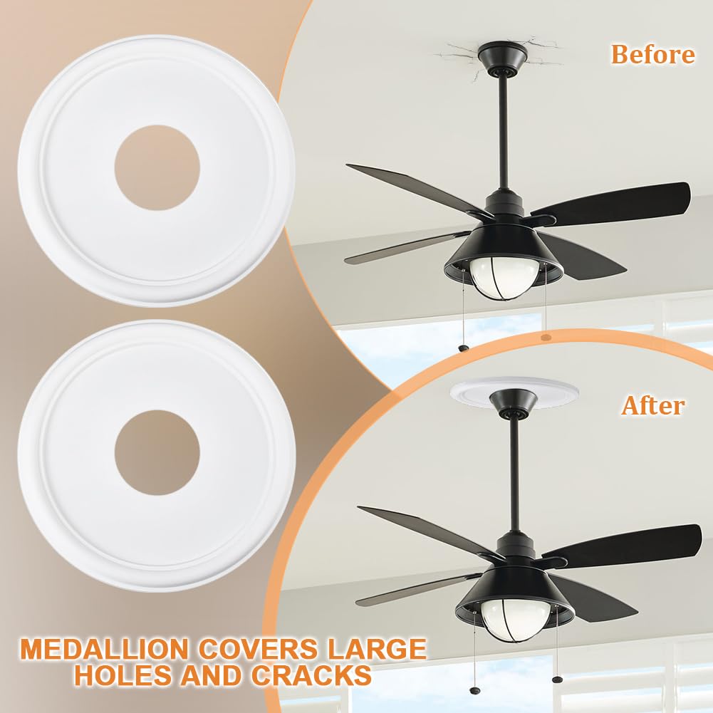 2Pcs White Round Plastic Ceiling Fan Medallion 13 Inch OD x 4 Inch ID Ceiling Medallion Molded Light Fixture Hole