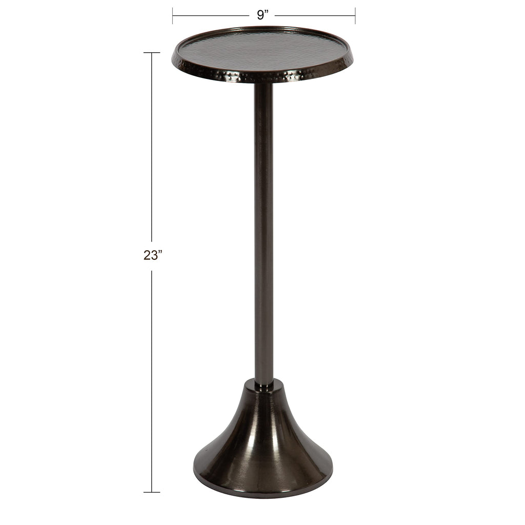 Inspired Saarinen Style Sanzo Modern Pedestal Side Table; 9 x 9 x 23; Pewter; Decorative with Hammered Tabletop