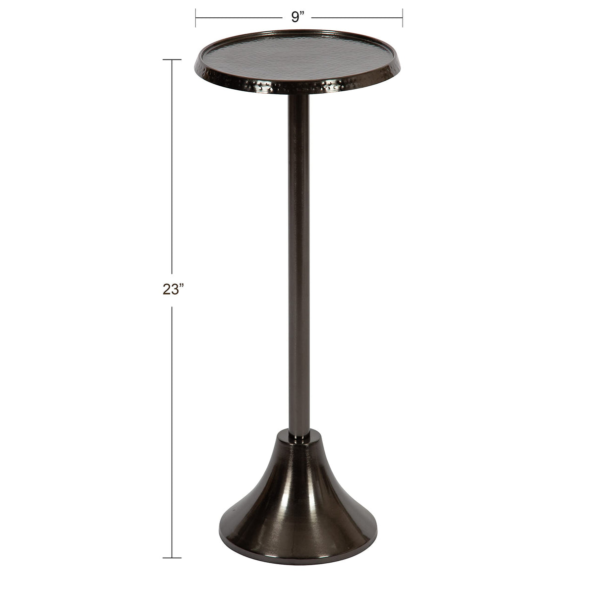 Inspired Saarinen Style Sanzo Modern Pedestal Side Table; 9 x 9 x 23; Pewter; Decorative with Hammered Tabletop