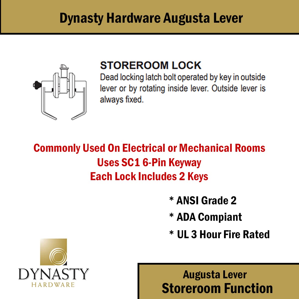 Augusta Storeroom Lever Lockset, ADA, Grade 2, Satin Chrome